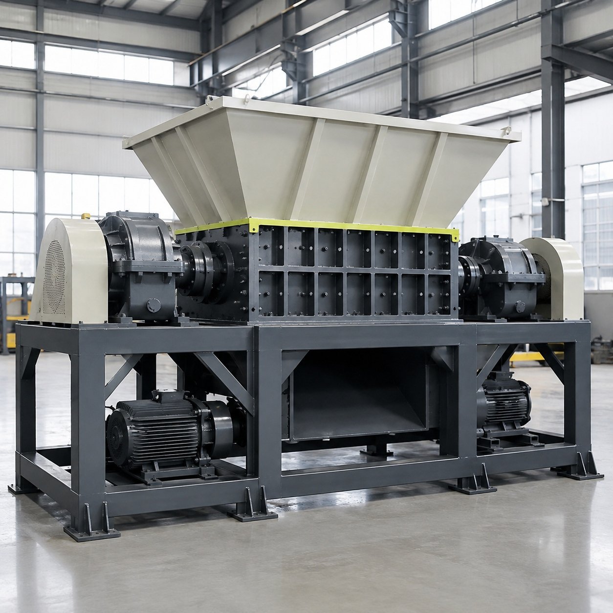 Industrial shredder reference showing the feed hopper, drive units, frame and lower discharge area.
