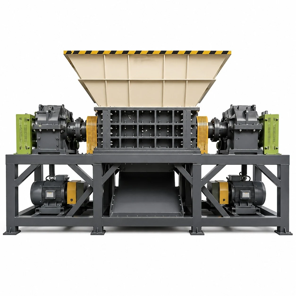 Industrial shredder viewed from the front, showing the feed hopper, frame and drive units.