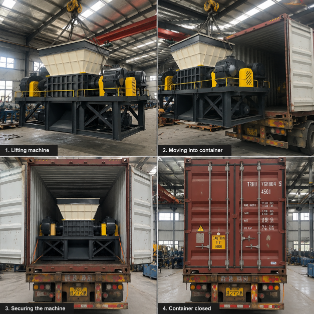 Four reference views of industrial equipment lifting and container loading.