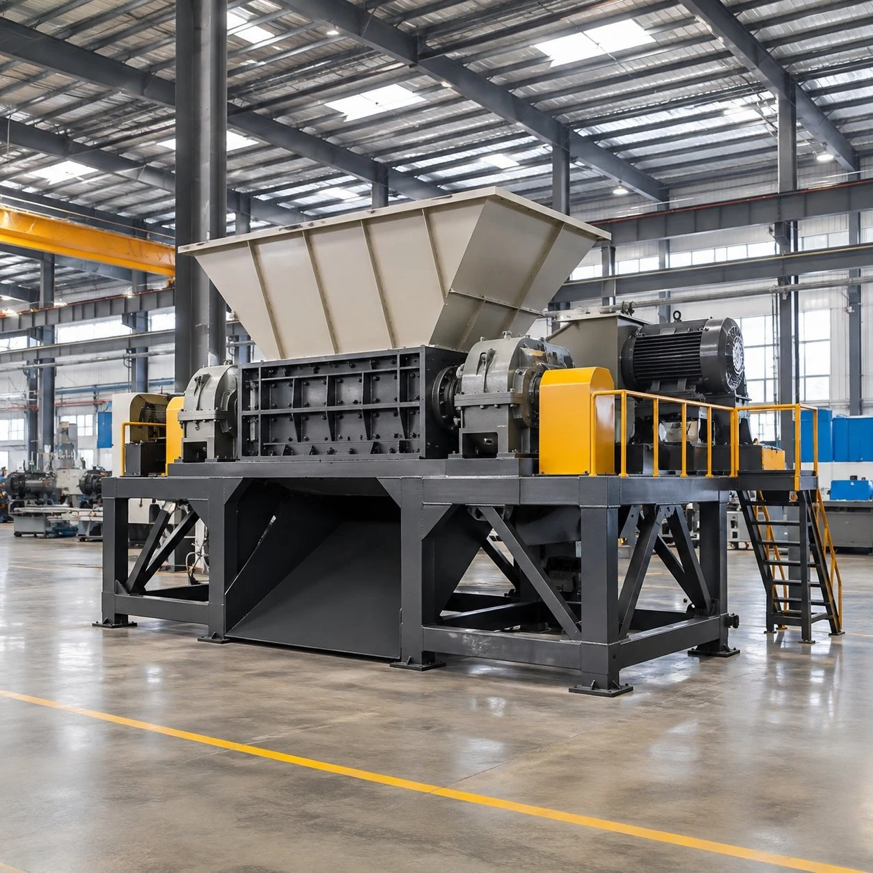 Industrial shredder with a wide feed hopper, raised frame and side access platform.